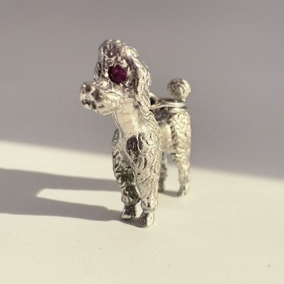 VTG Sterling Silver 925 Poodle Red Eyes Dog Textured Pendant Size 0.75" Length - Picture 2 of 9